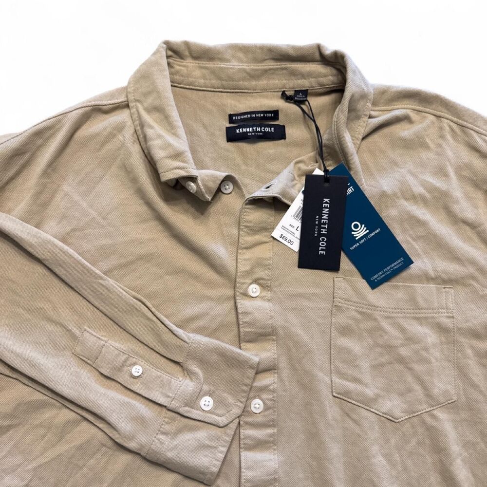 Kenneth Cole Tan long sleeve light weight knit button-up shirt Men's Large